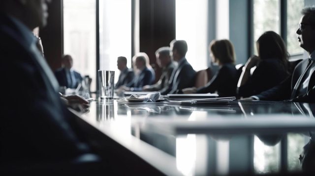 Consejo de administración de una empresa reunido en una sala de juntas