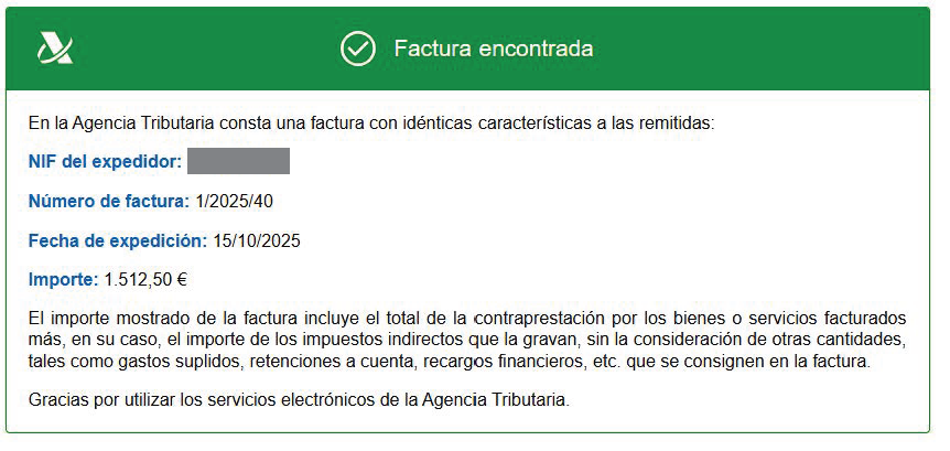 Información que ofrece la AEAT cuando el usuario escanea el código QR de una factura en modalidad Verifactu